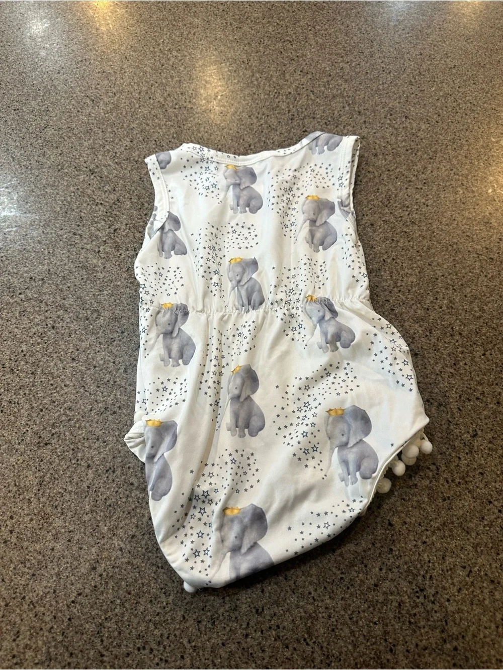 White Baby Romper with Gray Elephant Print